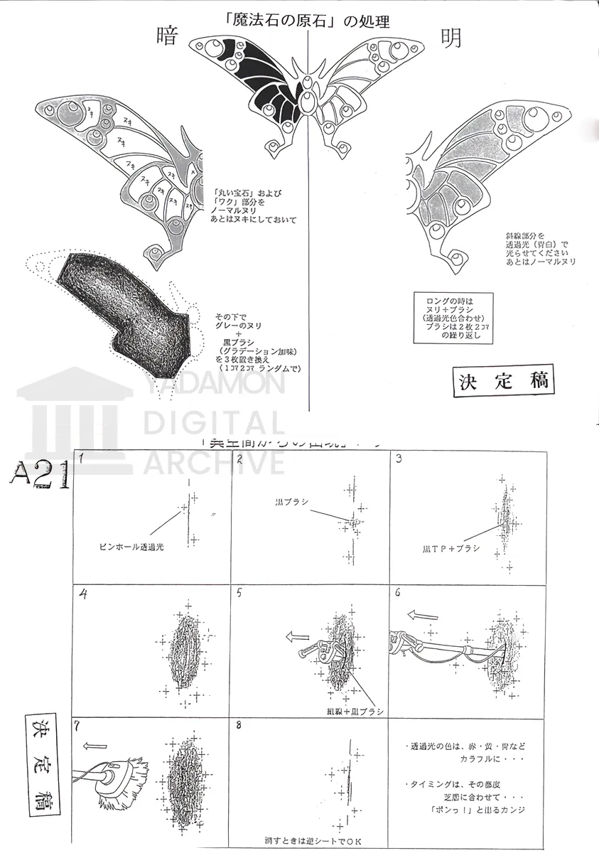 スタジオ社内資料。スタッフ用色指定設定資料。Coloring reference sheet for animation staff working at the studio.